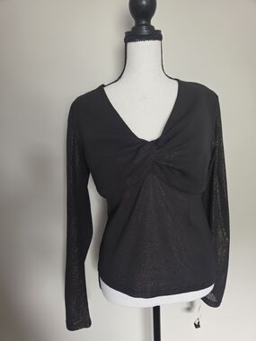 Beliza Women's Black Gold Metallic Knit Twist V-Neck Long Sleeve Top M